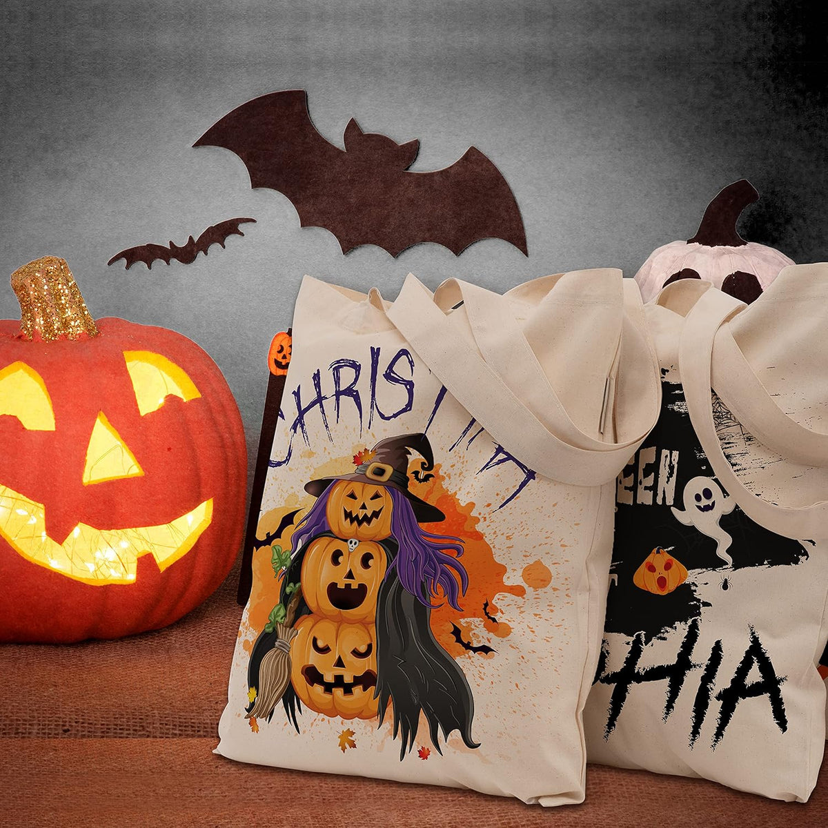 Custom Name Halloween Trick or Treat Canvas Tote Bags - Personalized Reusable 15x16" Gift Bag with Pumpkin, Skeleton, Ghost & Castle - Gift for Halloween Parties