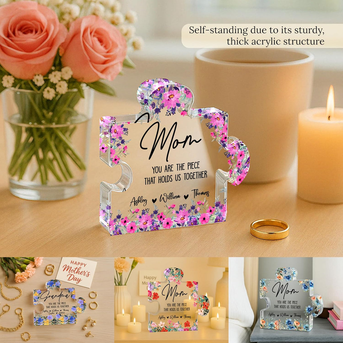 Personalized Acrylic Plaque Gift for Mom Grandma Nana - Custom Floral Name Keepsake for Mother’s Day, Birthday, Christmas - Clear Puzzle Block Home Table Decorative from Family