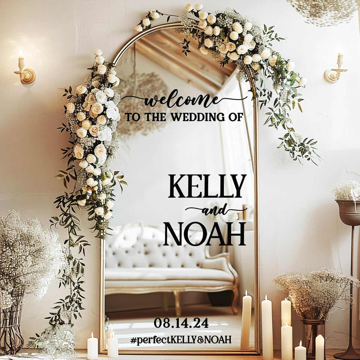 Personalized Welcome to Our Wedding Mirror Sign Decal DIY - Customized Bride and Groom Names - Lettering Elegant Happily Ever After Party Vinyl Sticker Wall Reception Decor