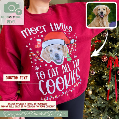 Custom Christmas Most Likely T-Shirt - Personalized Santa Photo Holiday Tee for Office Party - Add Your Image, Funny Graphic, Custom Text, Xmas Gift for Women, Men, or Friends Multi