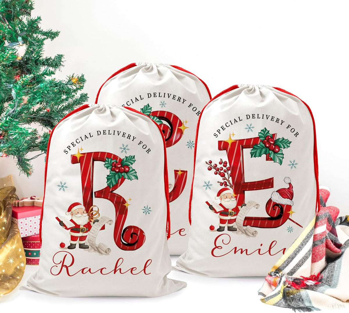 Personalized Christmas Santa Sack with Name, Custom Monogram Holiday Pouch