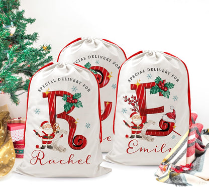 Personalized Christmas Santa Sack with Name, Custom Monogram Holiday Pouch