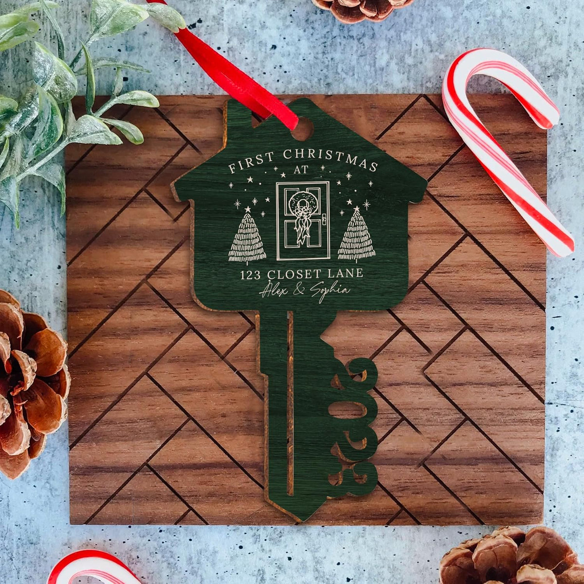 Custom First Christmas in Our New Home Address Key Wood Ornament, Personalized Xmas Housewarming Gift