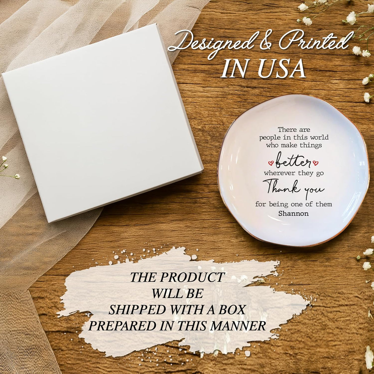 Personalized Thank You Jewelry Tray with Custom Name - Ceramic Jewelry Trinket Plate with Heartwarming Message - Appreciation Gift for Women, Nurse, Teacher, Mom, Best Friend, Birthday, Christmas