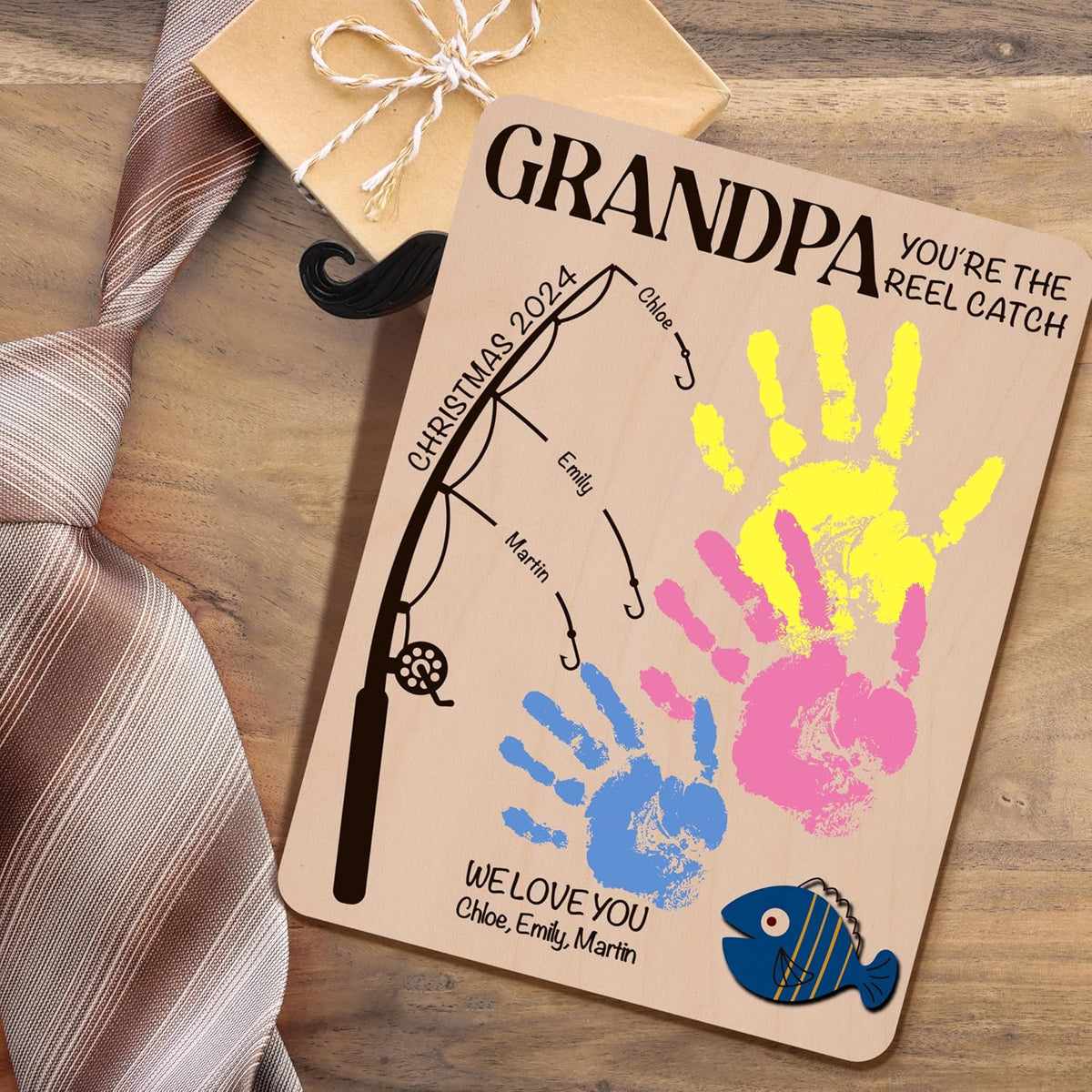 Personalized Fishing Handprint Wood Sign with Names, Custom Dad Gift
