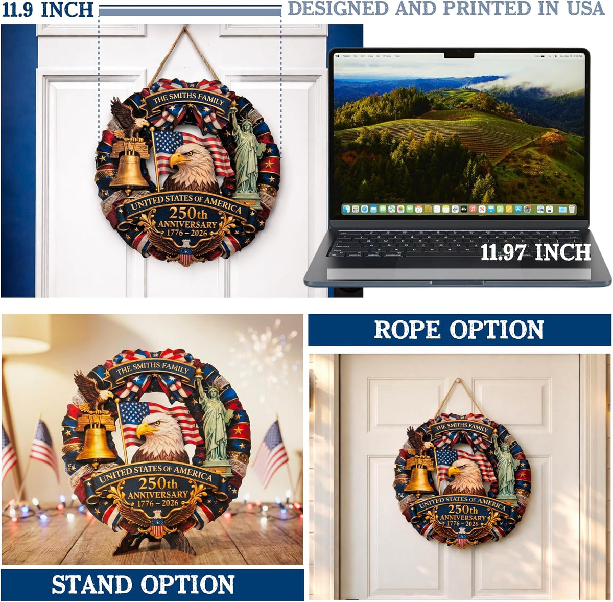 Custom Patriotic Wreath for Front Door, 4th of July Decorations Personalized Family Name Sign, USA 250th Anniversary 2026 Decor, American Flag Eagle Liberty Bell Wall Hanging, Independence Day Gift