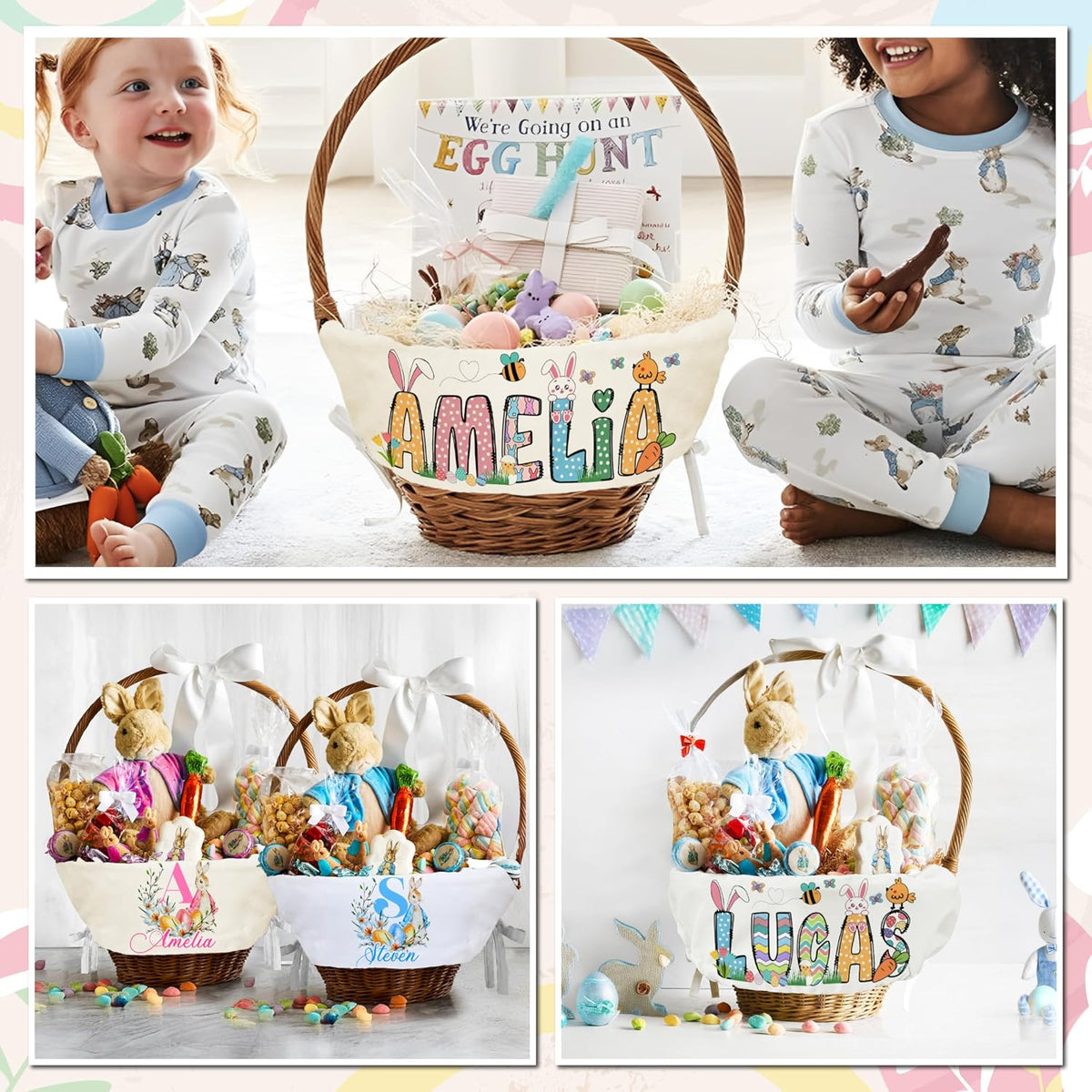 Personalized Easter Basket Liner with Name, Custom Bunny Egg Hunt Cover