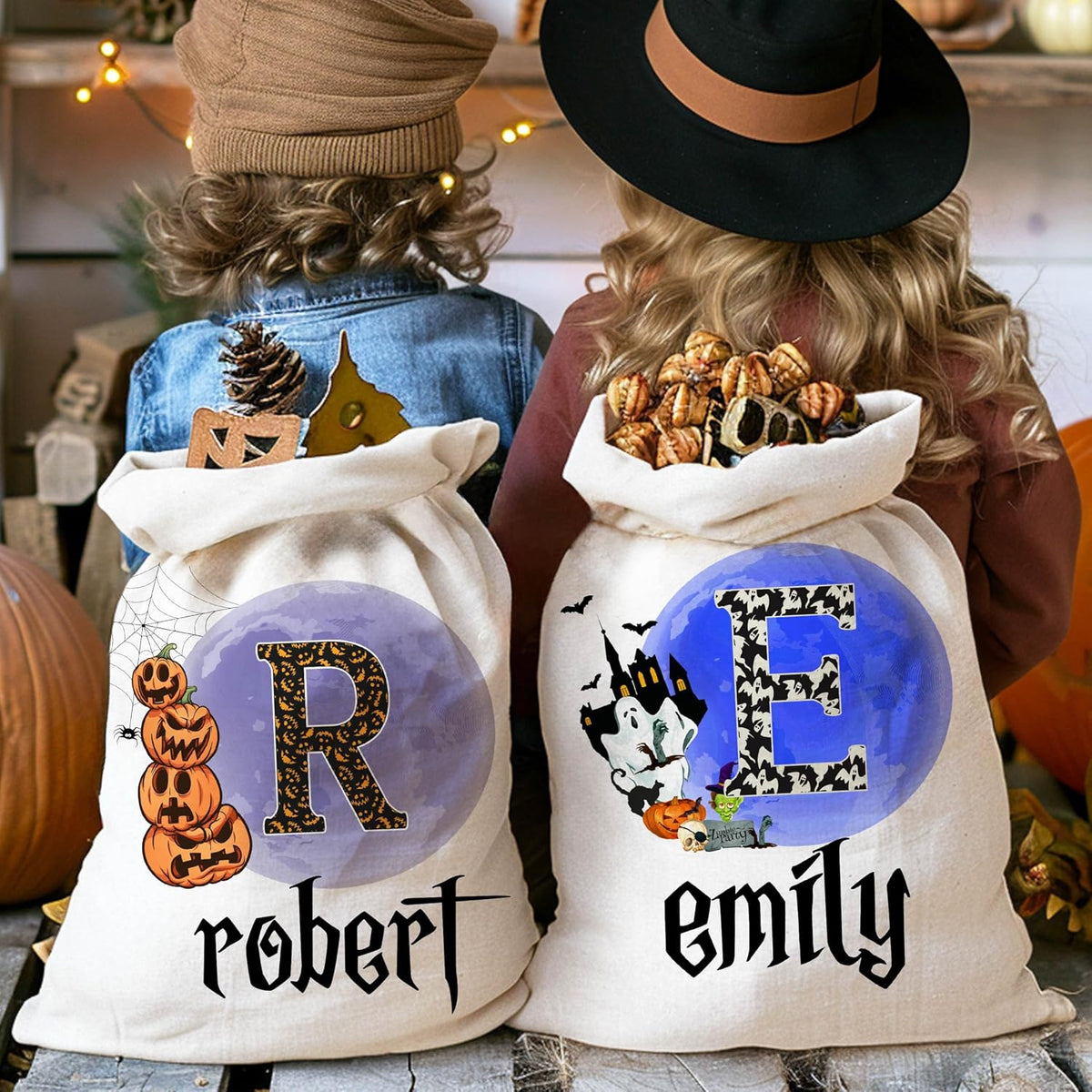 Personalized Halloween Trick or Treat Candy Sack - Customized Reusable Creepy and Funny Pumpkin Goodie Bag - Cotton Sacks 16 X 24 with 6 Design - Gift for Halloween Parties