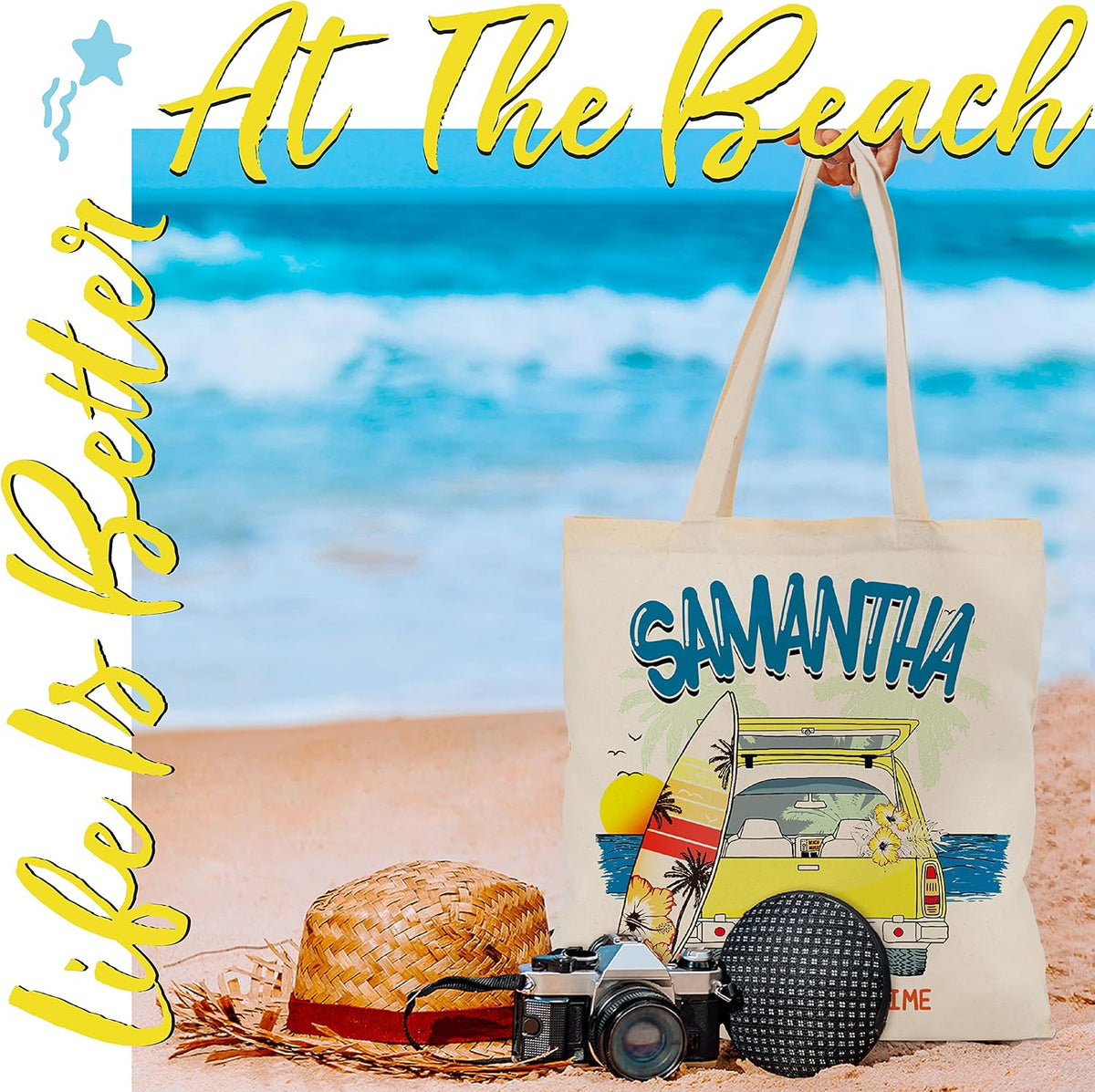Personalized Beach Tote Bag with Name, Custom Canvas Vacation Travel Gift