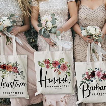 Personalized Wedding Tote Bags Gift for Bride Bridesmaid Women w/Name Text Date - Customized Floral Beach/Travel Canvas Bag - Custom Bridal Shower Bachelorette Party Accessories - Christmas c1 (Single)