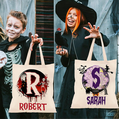 Personalized Halloween Canvas Tote Bags - Custom Name & Initials Trick or Treat Bag with Pumpkin, Skeleton, Ghost & Castle - Reusable 15x16" Gift Bag for Halloween