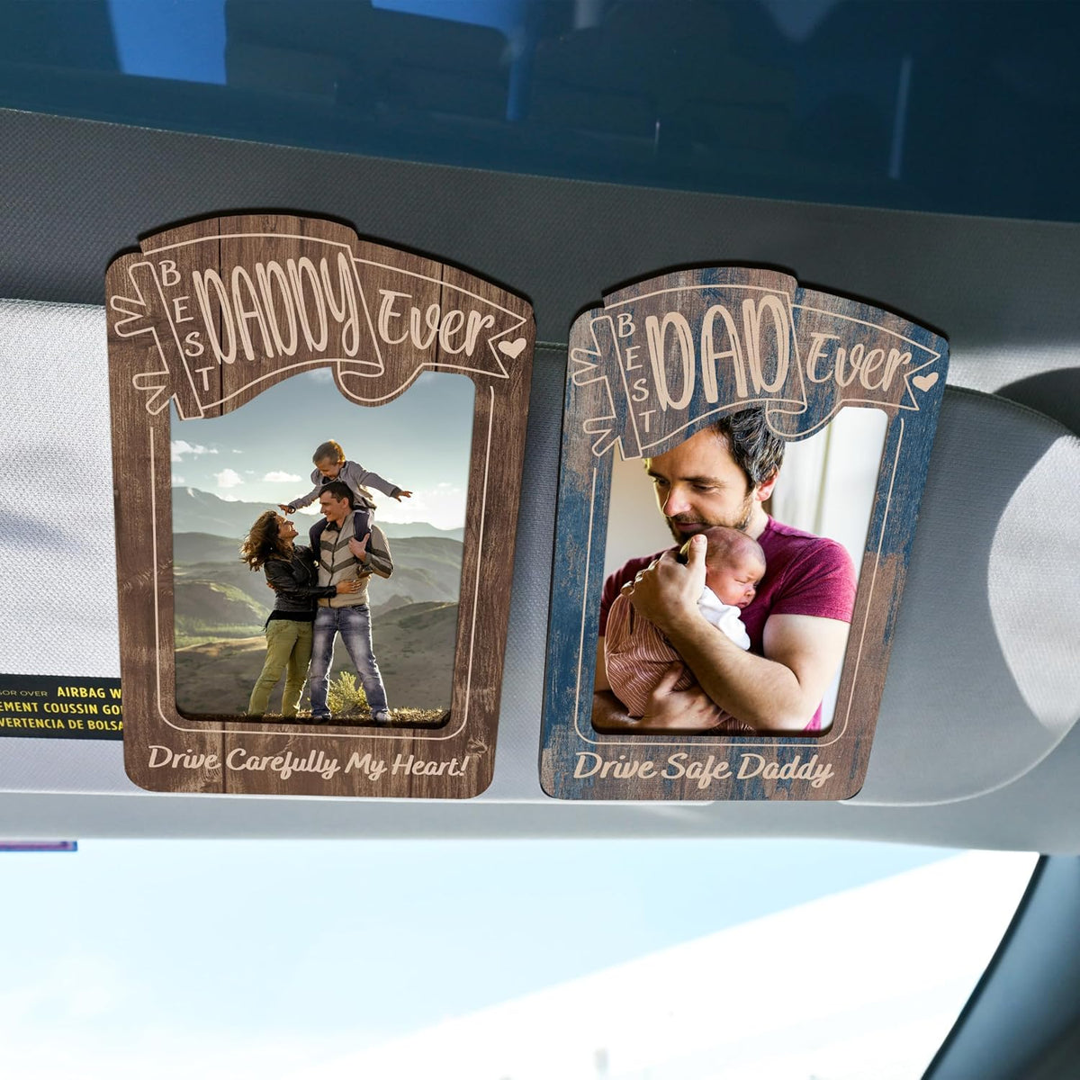 Personalized Car Visor Photo Frame Gift for Dad Grandpa Papa – Best Ever Drive Safe Daddy Clip – Custom Picture Holder for Rearview Sun Visor or Fridge Magnet – Father's Day or Birthday Gift