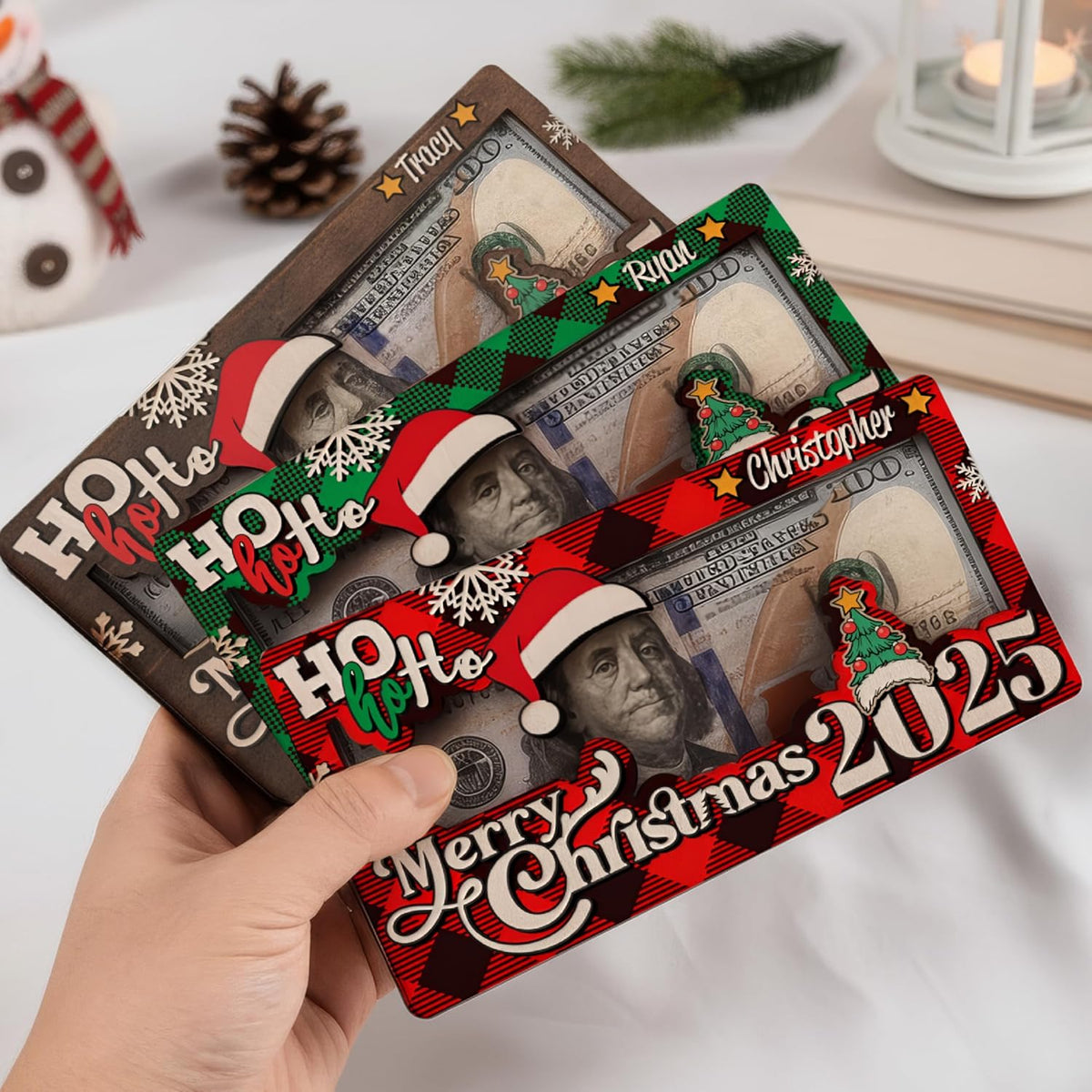 Personalized Christmas Money Holder Card 2025 - Custom Wooden Merry Christmas Bill Frame Gift with Santa Hat Tree & Name - Holiday Cash Holder for Kids, Teens, Family, Friends, Adults