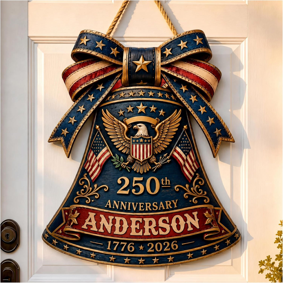 Personalized Eagle Patriotic Door Sign for Front Door, Custom Family Name America 250th Anniversary Wooden Door Hanger, USA 1776-2026 Independence Day 4th of July Wall Decor