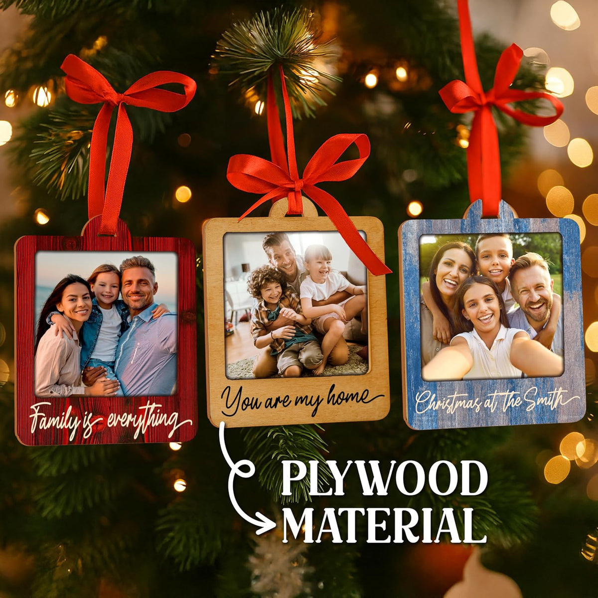 Personalized Wooden Photo Frame Ornament - Custom Plywood Christmas Tree Hanging Decoration with Name & Text - Wedding, Baby, Family Picture Keepsake Gift - 8 Color Options, Add Your Photo
