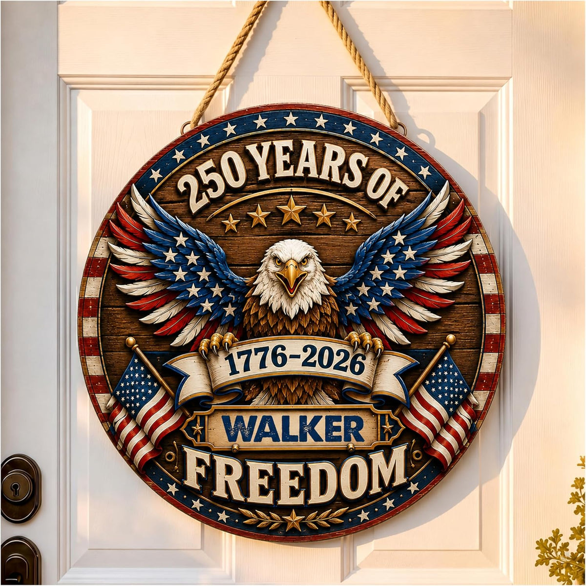 Personalized Eagle Patriotic Door Sign for Front Door, Custom Family Name America 250th Anniversary Wooden Door Hanger, USA 1776-2026 Independence Day 4th of July Wall Decor