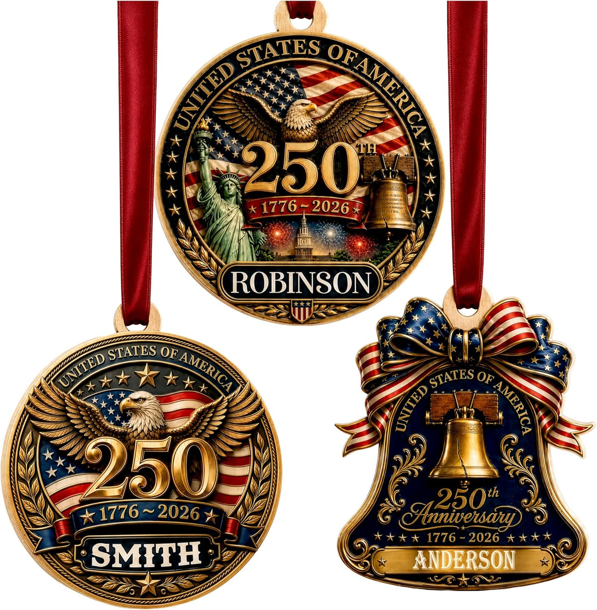 Personalized USA 250th Anniversary Wooden Ornament, Custom Family Name Patriotic Christmas Ornament