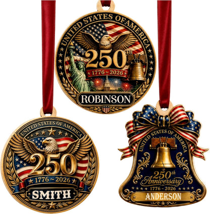 Personalized USA 250th Anniversary Wooden Ornament, Custom Family Name Patriotic Christmas Ornament