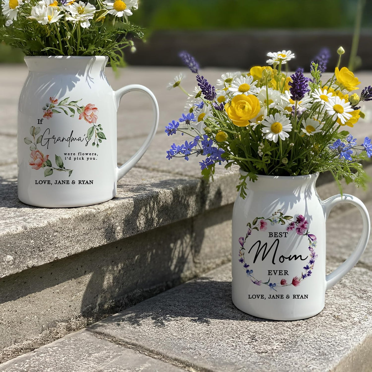 Personalized Ceramic Pitcher Vase, Floral Wreath Design Jug for Mom, Grandma, or Couple, Printed Flower Design, Thoughtful Gift for Mother’s Day, Wedding, Anniversary, Christmas or Home Décor Keepsake