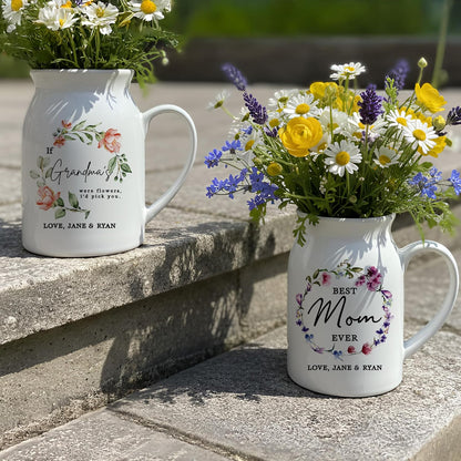 Personalized Ceramic Pitcher Vase, Floral Wreath Design Jug for Mom, Grandma, or Couple, Printed Flower Design, Thoughtful Gift for Mother’s Day, Wedding, Anniversary, Christmas or Home Décor Keepsake