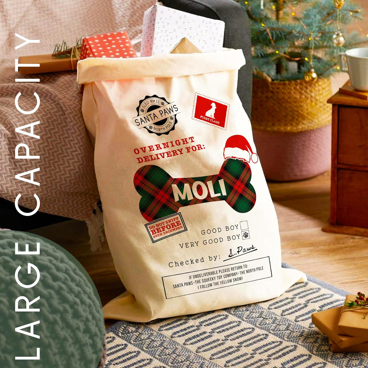 Personalized Pet Christmas Santa Sack, Custom Holiday Gift Bag for Dogs