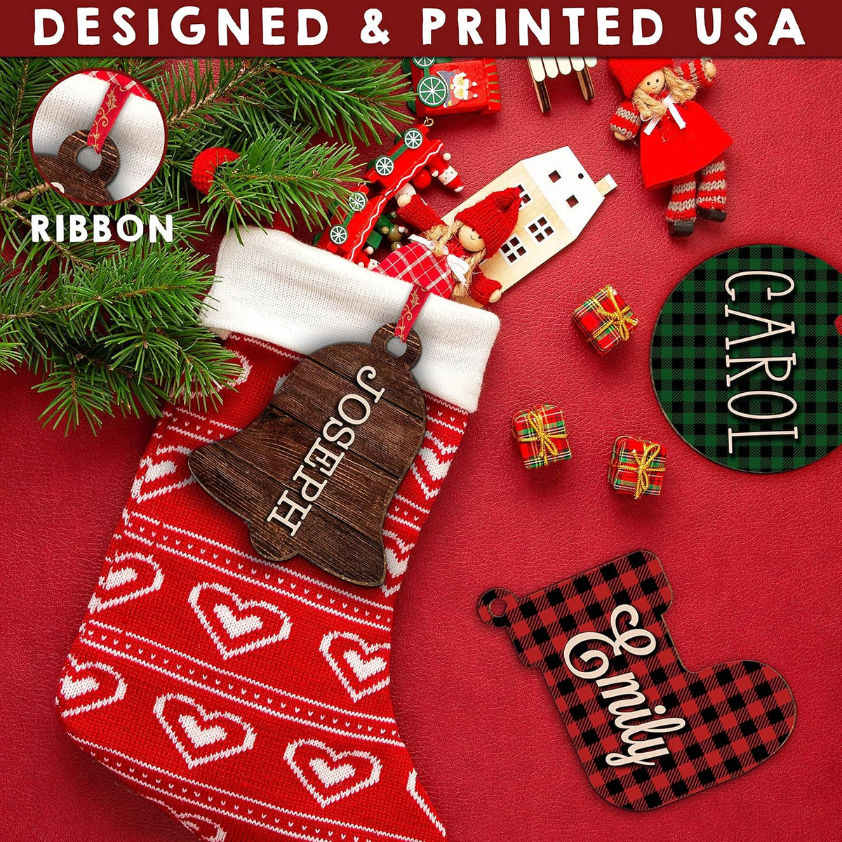 Personalized Christmas Name Tag w/Name - 4 Background & 8 Shapes - Customized Christmas Stocking Tags for Stocking - Round Wood Gift Tag for Xmas Decor - Custom Wooden Rectangular Nametag Gift Card C2