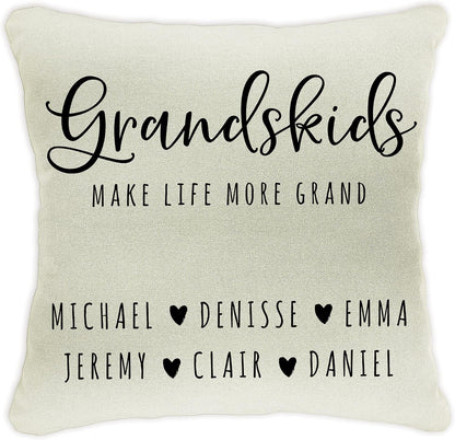 Personalized 'Grandkids Make Life More Grand' Throw Pillow Case – Custom for Grandma – 18x18 Inch Cotton Canvas Cushion Cover with Grandchildren's Names