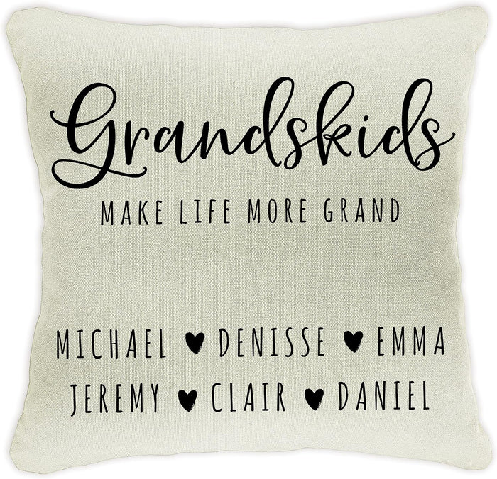 Personalized 'Grandkids Make Life More Grand' Throw Pillow Case – Custom for Grandma – 18x18 Inch Cotton Canvas Cushion Cover with Grandchildren's Names