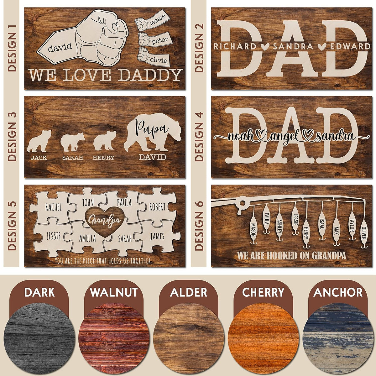 Personalized Fathers Day Papa Bear & Cubs Wood Signs w/Names - 6 Design 5 Wood Color - Customized Fishing Wooden Plaque - Custom Dad Gifts From Daughter, Son - Daddy, Grandpa Birthday Gifts C1