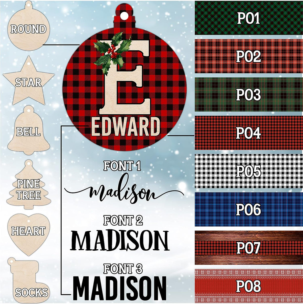 Personalized Christmas Initial Ornaments w/Name, 6 Shape, 3 Font, 8 Pattern - Customized Christma Wood Ornament Decorations Gifts - Custom Noel Star Heart Sock Bell Round Pine Tree Décor Xmas Gift C1