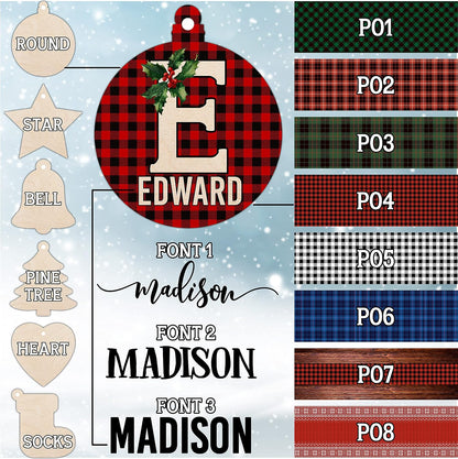 Personalized Christmas Initial Ornaments w/Name, 6 Shape, 3 Font, 8 Pattern - Customized Christma Wood Ornament Decorations Gifts - Custom Noel Star Heart Sock Bell Round Pine Tree Décor Xmas Gift C1