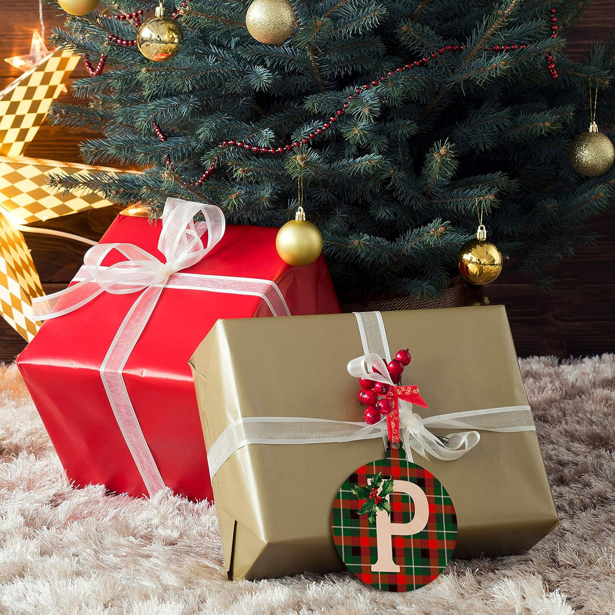 Personalized Christmas Initial Ornaments w/Name - Customized Wood Round Ornament Christmas Tree Decor - Custom Xmas Stocking & Gift Box Name Tag Circle Noel Decorations