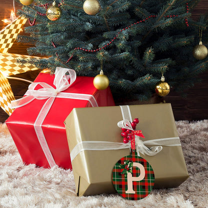 Personalized Christmas Initial Ornaments w/Name - Customized Wood Round Ornament Christmas Tree Decor - Custom Xmas Stocking & Gift Box Name Tag Circle Noel Decorations