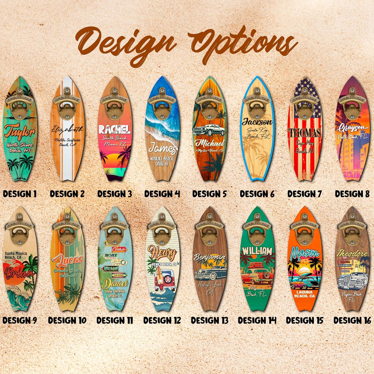Personalized Wooden Surfboard Bottle Opener Wall Mount with Name & Beach – Custom Retro Bar Decor for Beach House, Summer Party, Housewarming, Father's Day Gift, Man Cave, Cabin or Outdoor Patio