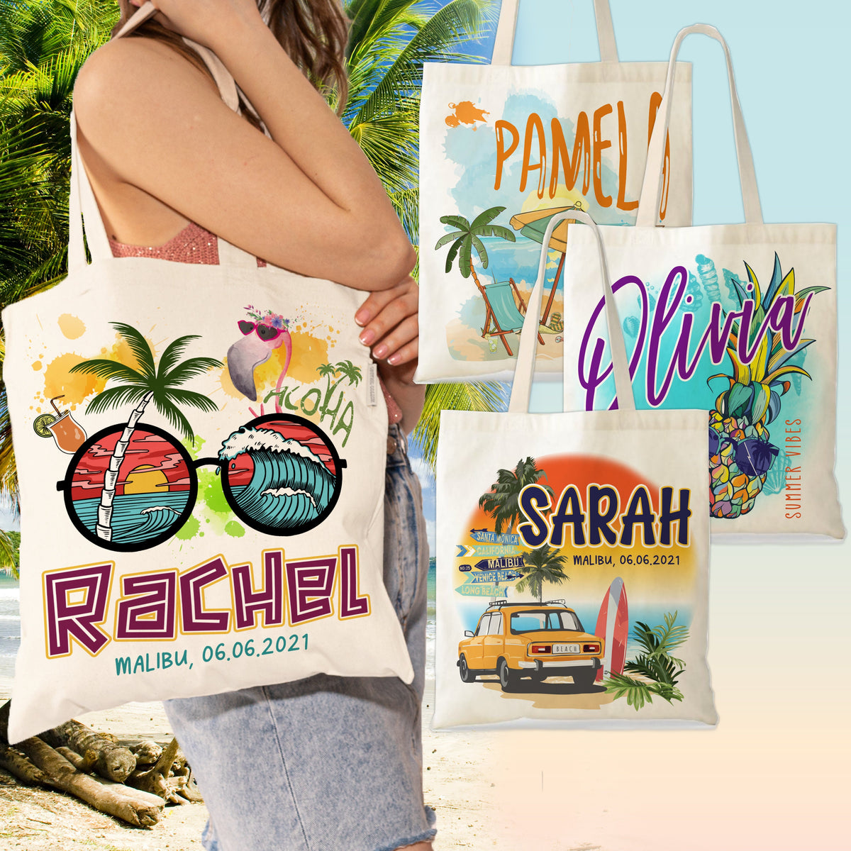 Beach Tote Bag for Girls, Custom Beach Bag, Bridesmaid Gift Bag, Bachelorette Gifts for Bridesmaid, Natural Canvas Tote Bag, Custom Tote Bag