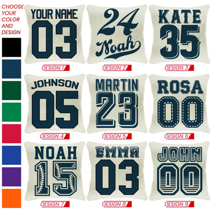 Personalized Sports Throw Pillow Cover Décor w/Number & Name - Customized Baseball Basketball Football Soccer Pillows Case, Home Decorations