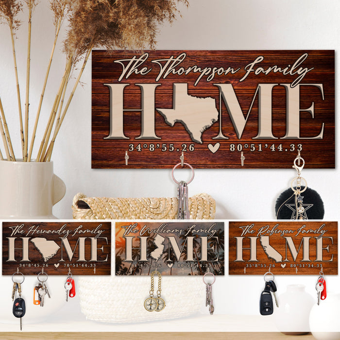 Personalized Key Holder for Family Gift, Custom Key Hook Wall Mount, Housewarming Gift for Couples, Home Coordinates Sign Gift For Family