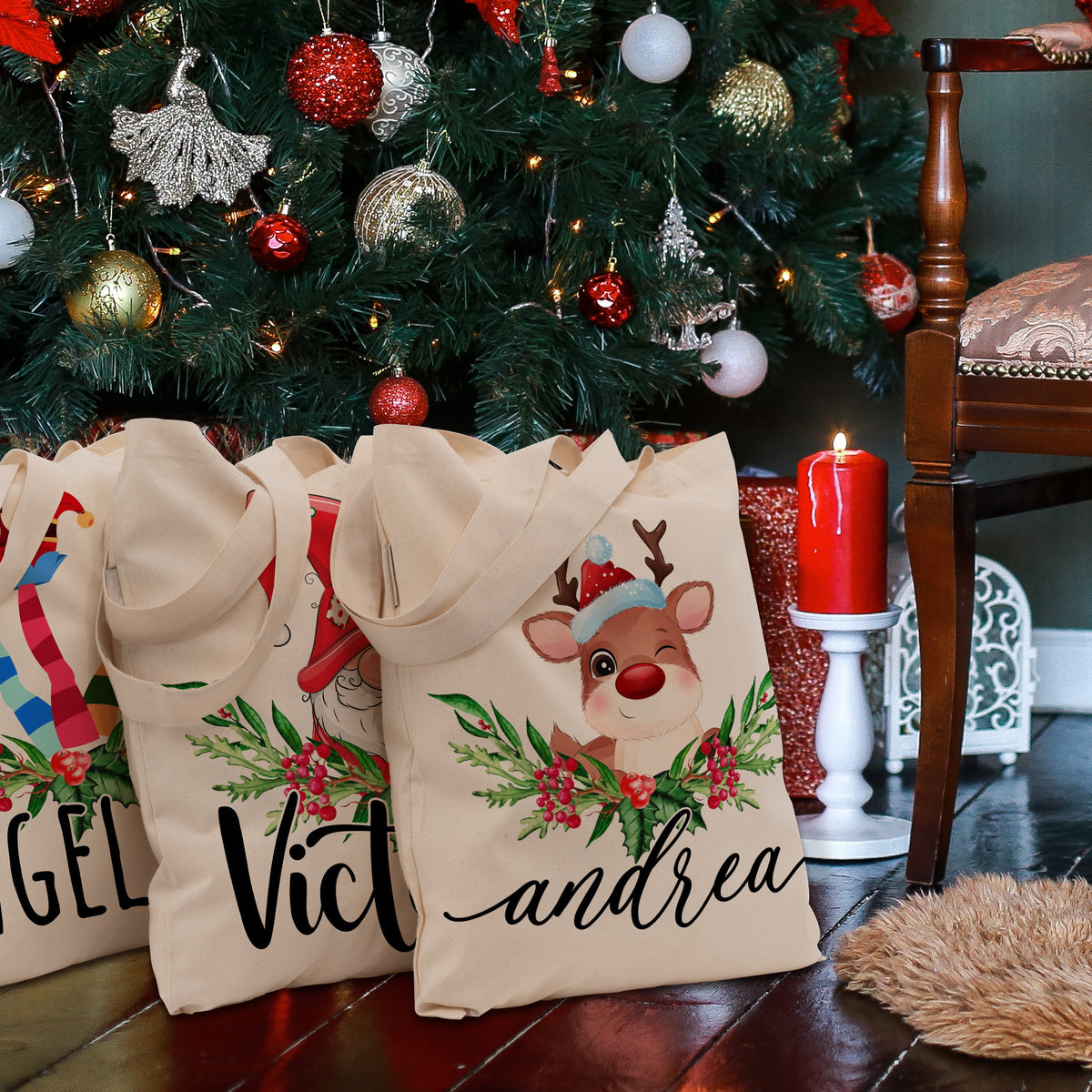 Personalized Christmas Tote Bags Custom Xmas/Noel Totes Bag Gifts Customized Santa Snowman Penguin Reindeer Tree Gnome Goodie Reusable Bags