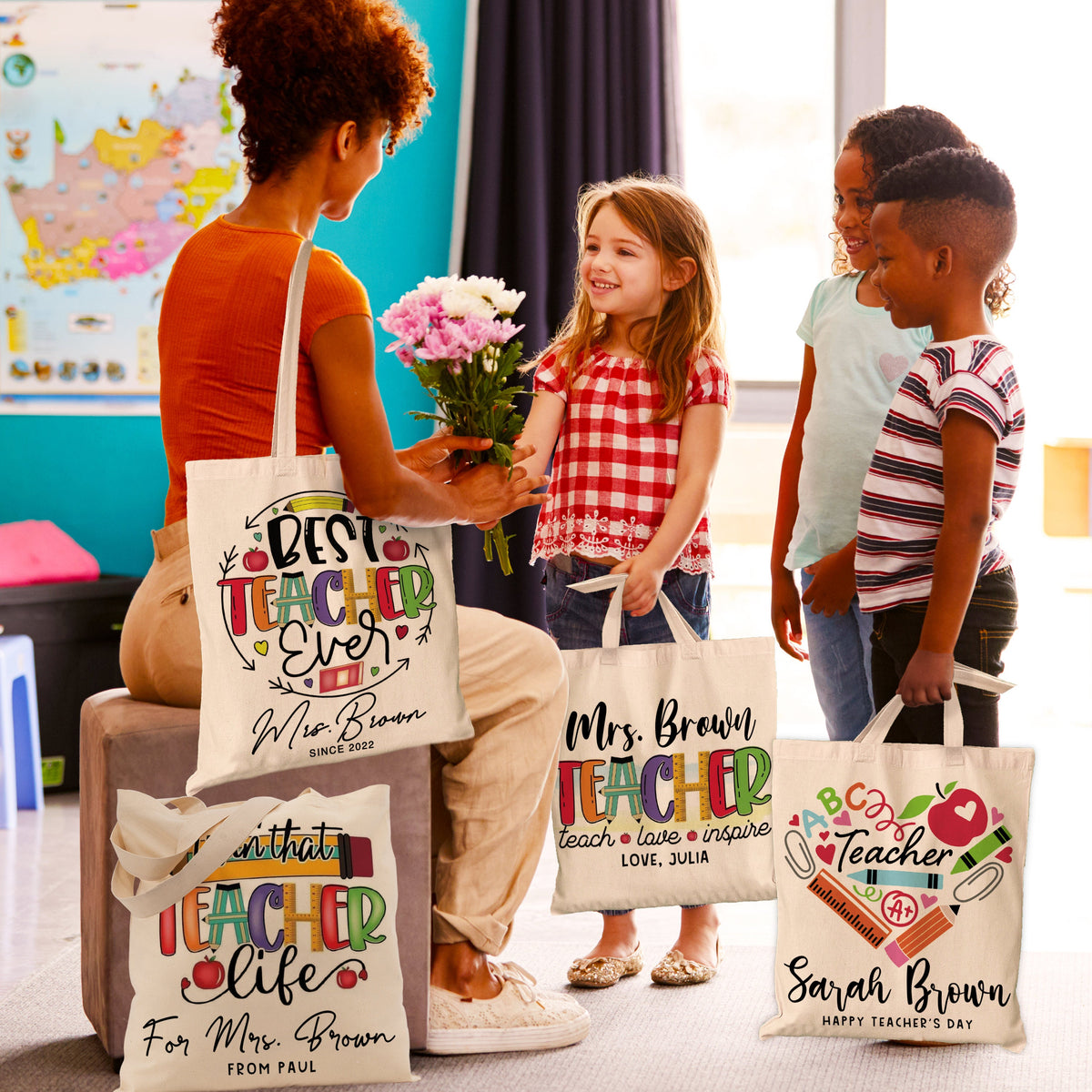 Custom Teacher Tote Bag, Teacher Appreciation Gift Bag, Teacher Name Gift Bag, Custom Teacher Gift, Boho Rainbow Tote Bag, Gift For Teacher