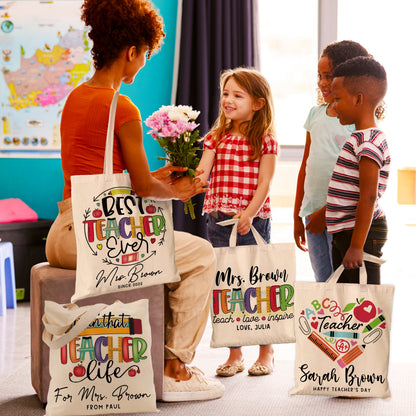Custom Teacher Tote Bag, Teacher Appreciation Gift Bag, Teacher Name Gift Bag, Custom Teacher Gift, Boho Rainbow Tote Bag, Gift For Teacher