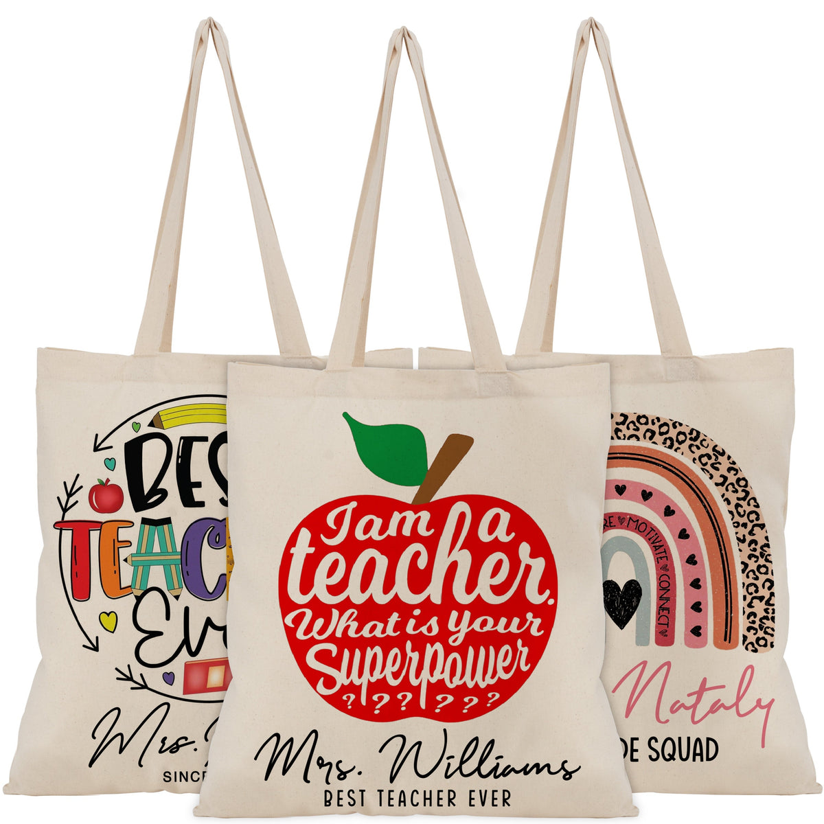 Custom Teacher Tote Bag, Teacher Appreciation Gift Bag, Teacher Name Gift Bag, Custom Teacher Gift, Boho Rainbow Tote Bag, Gift For Teacher