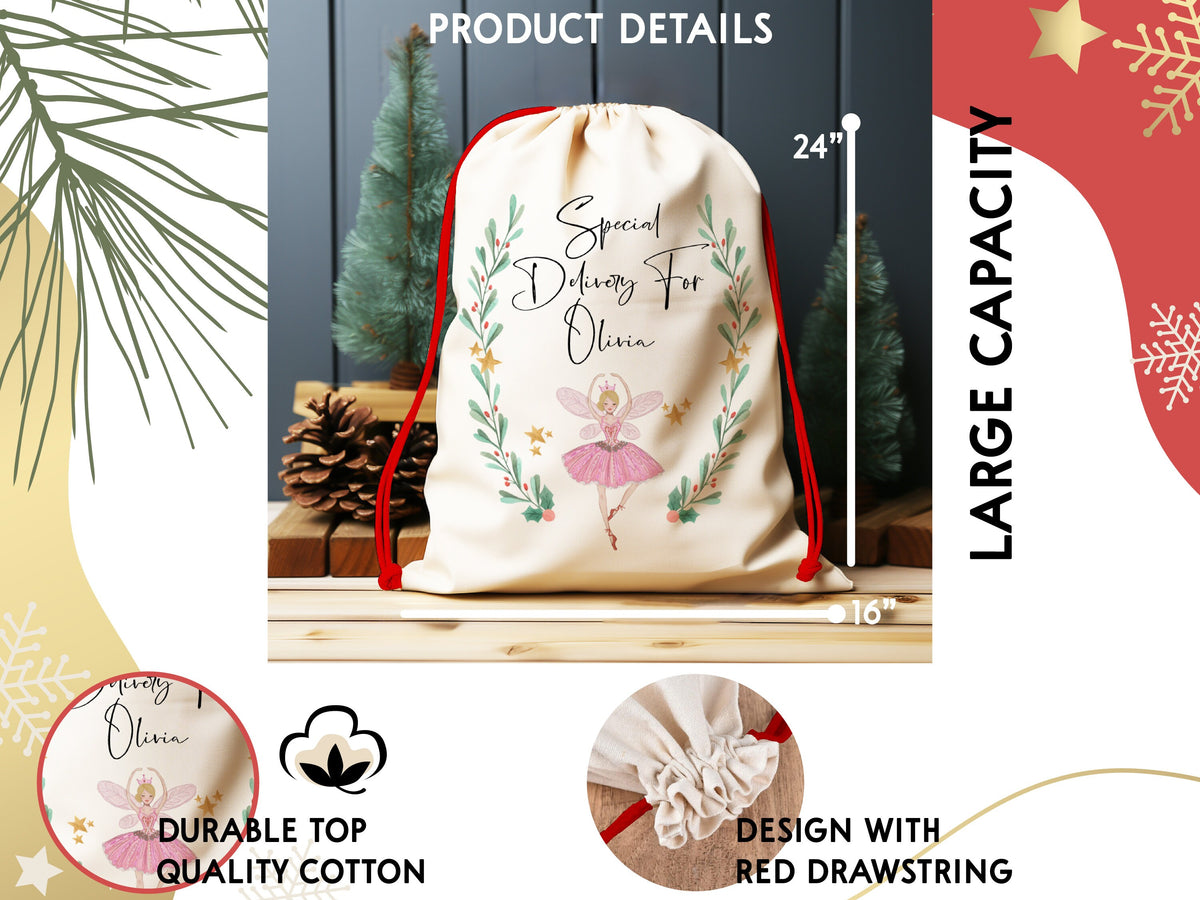 Personalized Santa Sack For Christmas Gift Sack, Ballerina Gift Bag Nutcracker Santa Bag For Christmas Toy Sack, Large Santa Gift Sack Bag