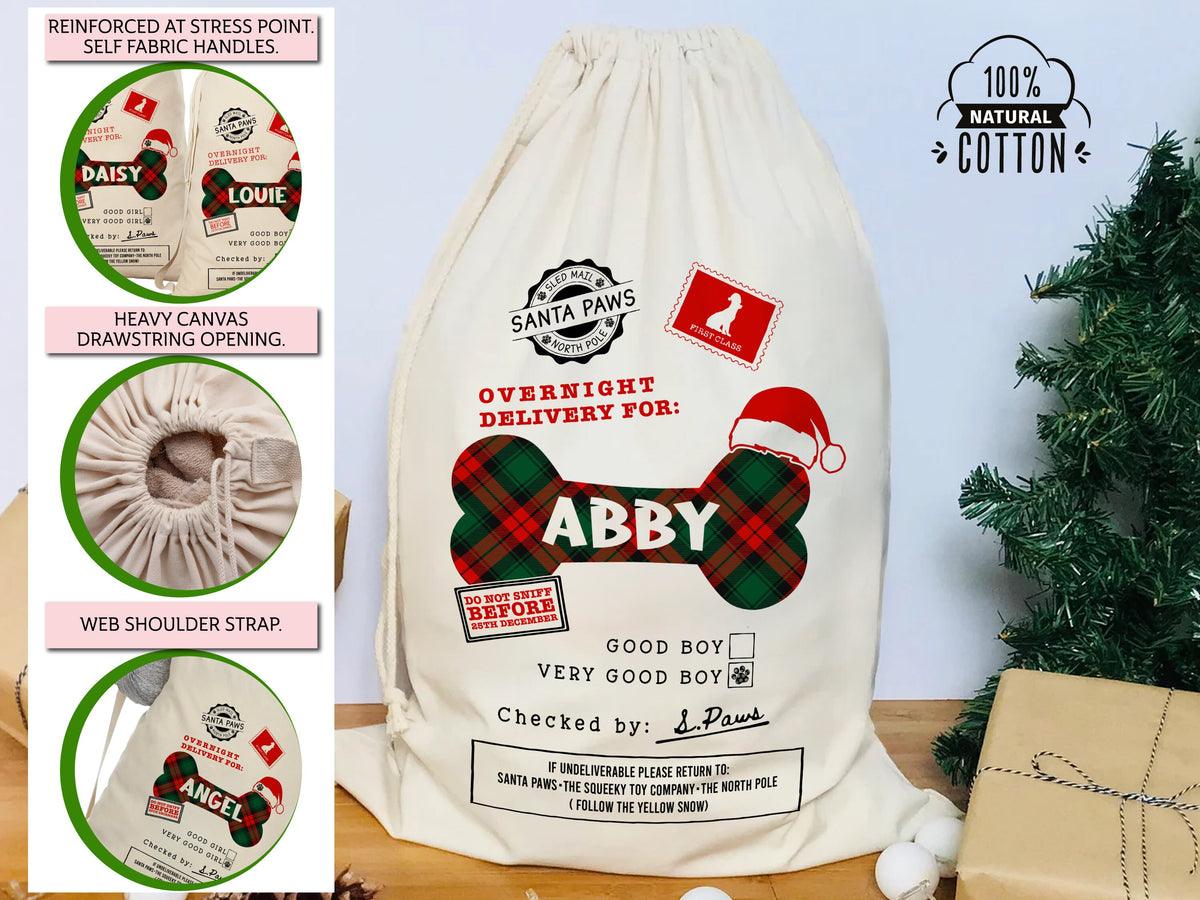 Personalized Christmas Santa Sack Bags, Personalized Stockings for Pet, Christmas Eve Box Gift Sack Holiday Gift Sack Bag, Xmas Gift for Dog