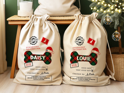 Personalized Christmas Santa Sack Bags, Personalized Stockings for Pet, Christmas Eve Box Gift Sack Holiday Gift Sack Bag, Xmas Gift for Dog