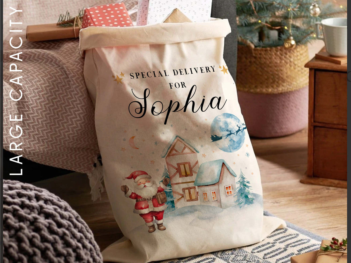 Personalized Christmas Eve Box Nutcracker Ballerina Reindeer Gift Bag for Kids Christmas, Special Delivery Christmas Santa Sack with Name