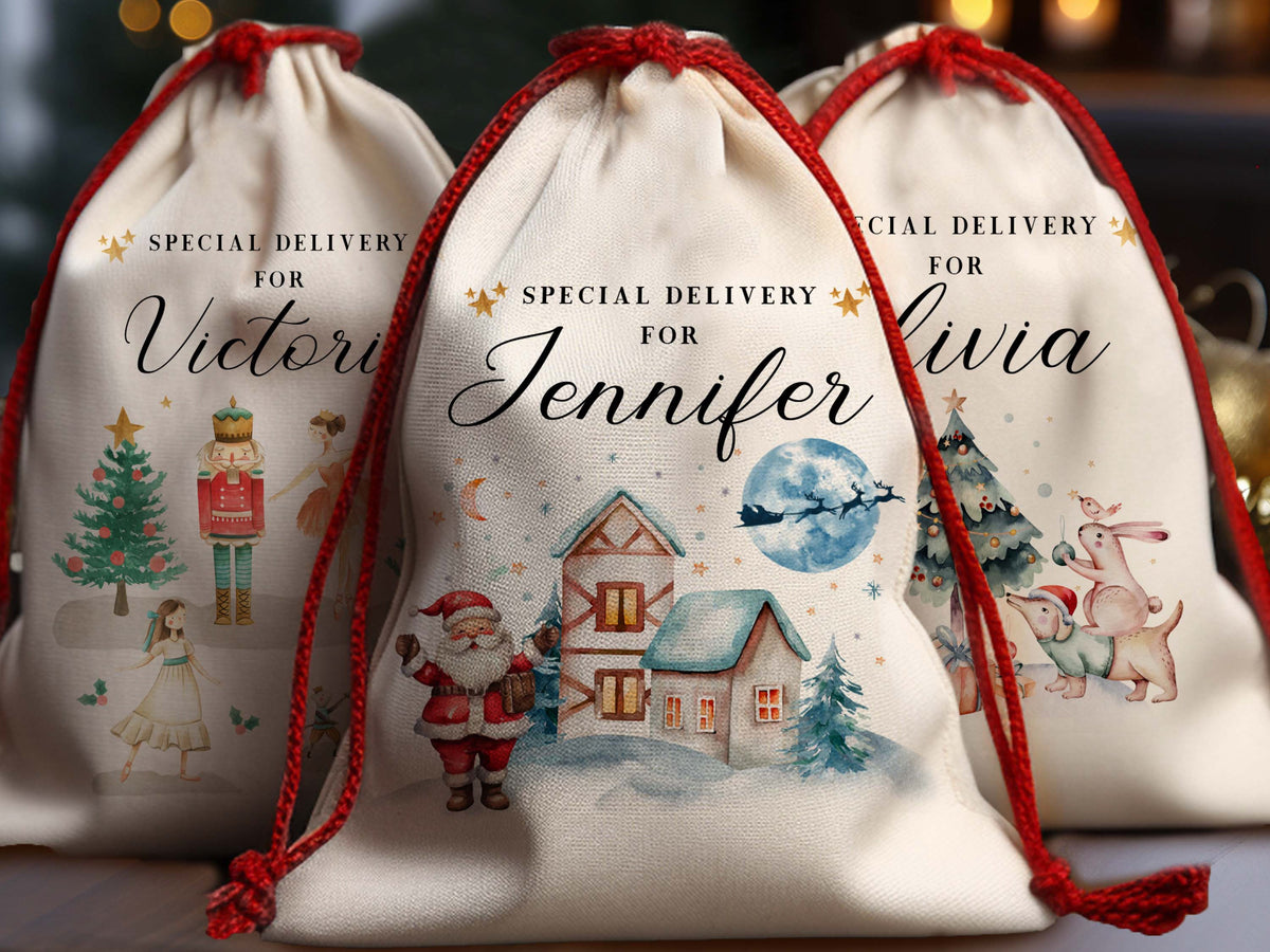 Personalized Christmas Eve Box Nutcracker Ballerina Reindeer Gift Bag for Kids Christmas, Special Delivery Christmas Santa Sack with Name