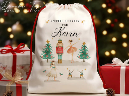Personalized Christmas Eve Box Nutcracker Ballerina Reindeer Gift Bag for Kids Christmas, Special Delivery Christmas Santa Sack with Name