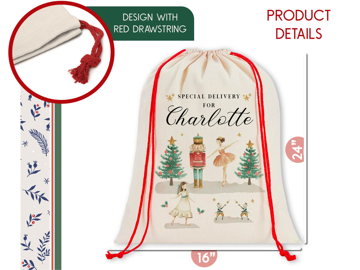 Personalized Christmas Eve Box Nutcracker Ballerina Reindeer Gift Bag for Kids Christmas, Special Delivery Christmas Santa Sack with Name