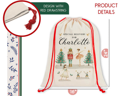 Personalized Christmas Eve Box Nutcracker Ballerina Reindeer Gift Bag for Kids Christmas, Special Delivery Christmas Santa Sack with Name