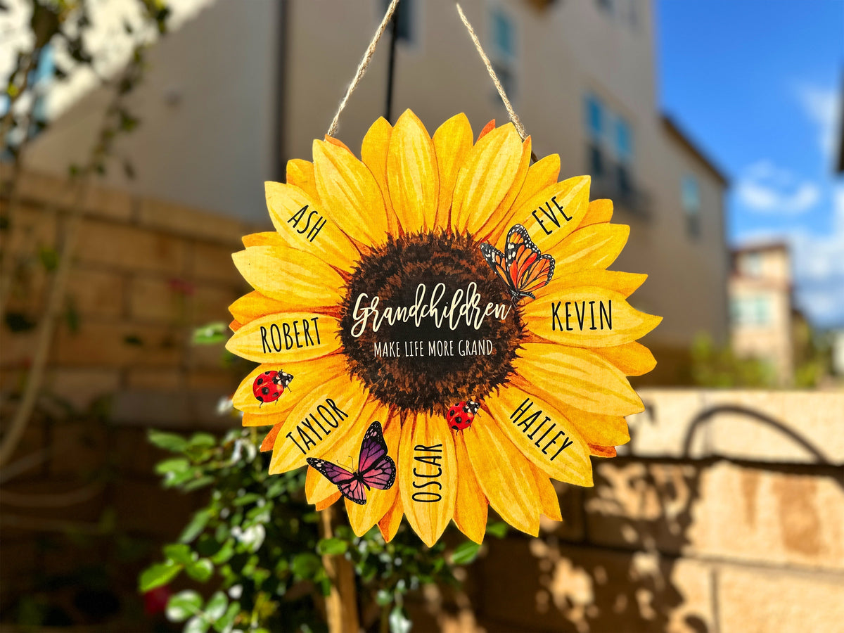 Grandma Gifts, Grandma's Garden Sunflower Wood Sign with Butterfly, Grandkids Name Wood Wall Art Sign for Mom, Nana, Gift for Grandma
